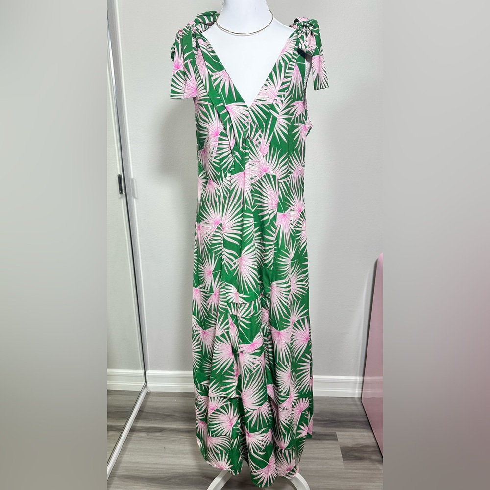 Tropical Green and Pink Leaf Print Maxi Dress